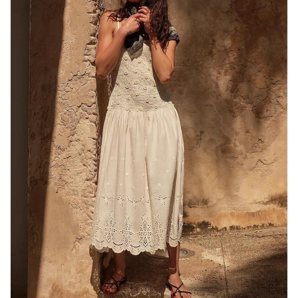Free People Daphne Midi Dress Smocked Floral Embroidered Eyelet Ruffle S 289448 - Picture 2 of 9